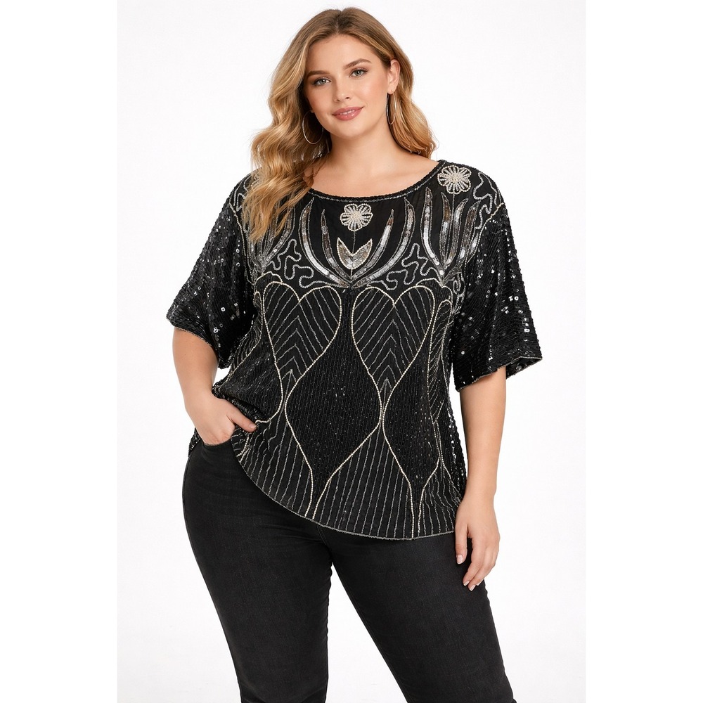 JEAN FOR JOSEPH LE BON‎ Women's Large Black Silk Sequined Top -1355